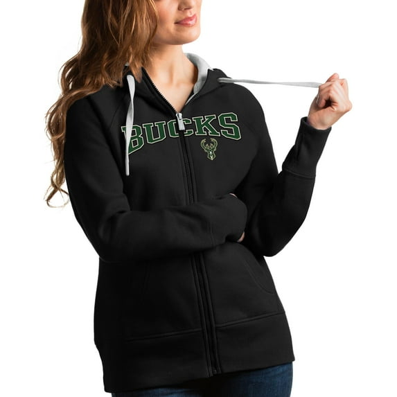 Women's Antigua Black Milwaukee Bucks Team Victory Full-Zip Hoodie