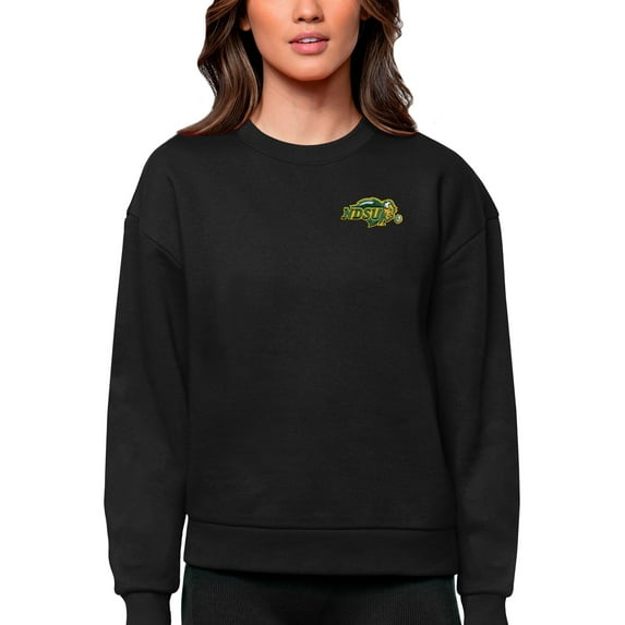 Women's Antigua Black NDSU Bison Logo Victory Crewneck Pullover Sweatshirt