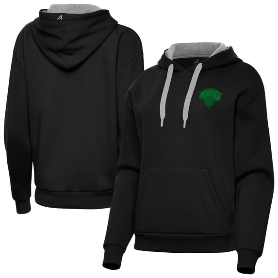 Women's Antigua Black New York Knicks St. Patrick's Day Victory Pullover Hoodie