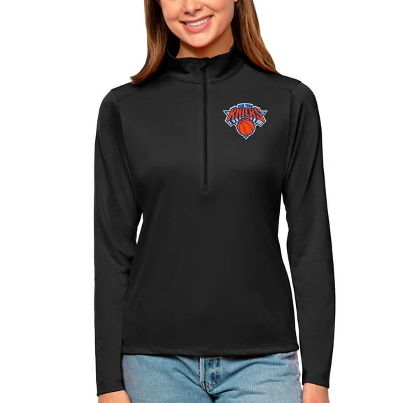 Women's Antigua Black New York Knicks Tribute Half-Zip Top