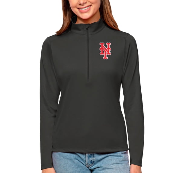 Women's Antigua Black New York Mets Tribute Quarter-Zip Pullover Top