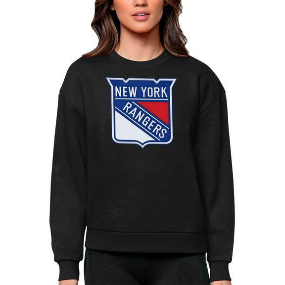 Women's Antigua Black New York Rangers Primary Logo Team Logo Victory Crewneck Pullover Sweatshirt
