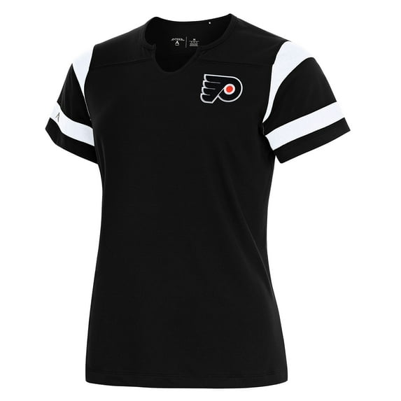 Women's Antigua Black Philadelphia Flyers Encounter Short Sleeve Notch Neck Top