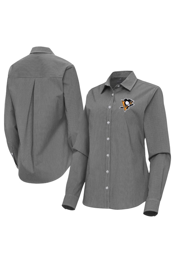 Women's Antigua Black Pittsburgh Penguins Porter Woven Tri-Blend Long Sleeve Button-Up Shirt
