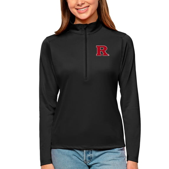Women's Antigua Black Rutgers Scarlet Knights Tribute Quarter-Zip Pullover Top