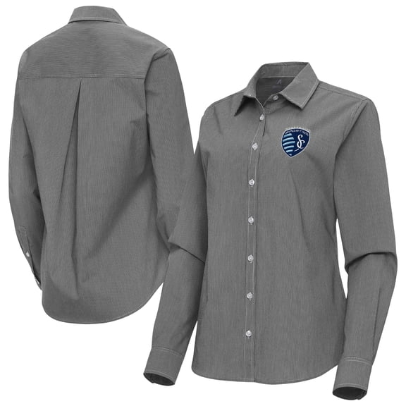 Women's Antigua Black Sporting Kansas City Porter Woven Tri-Blend Long Sleeve Button-Up Shirt