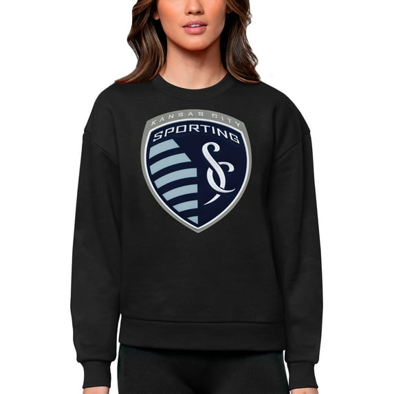 Women's Antigua Black Sporting Kansas City Team Logo Victory Pullover Sweatshirt