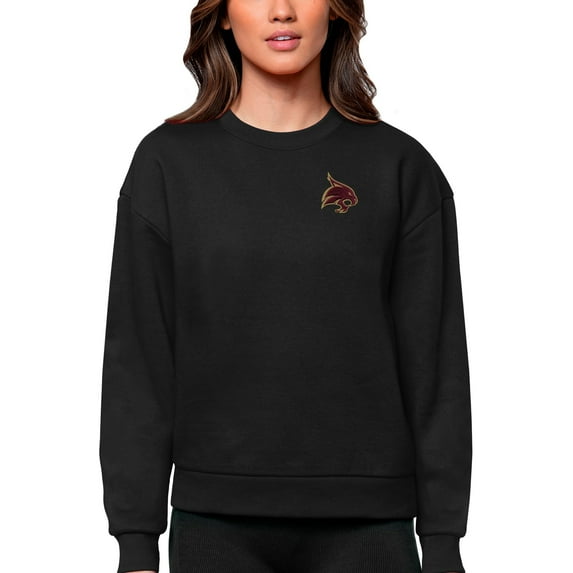 Women's Antigua Black Texas State Bobcats Logo Victory Crewneck Pullover Sweatshirt