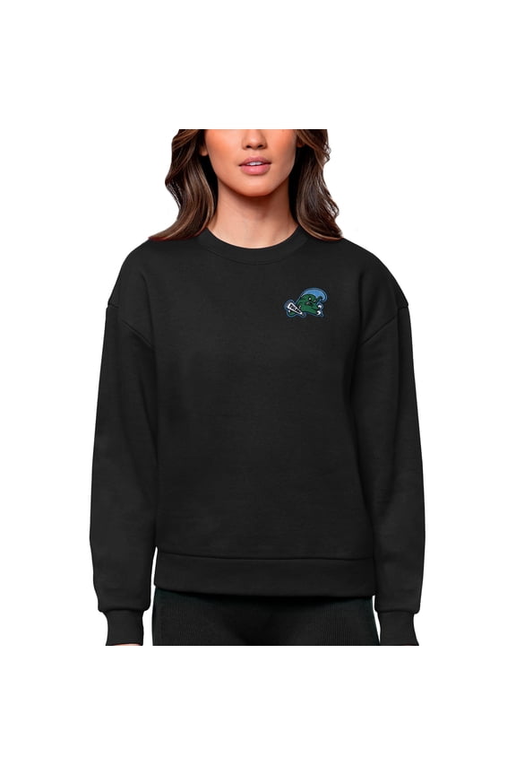 Women's Antigua Black Tulane Green Wave Logo Victory Crewneck Pullover Sweatshirt