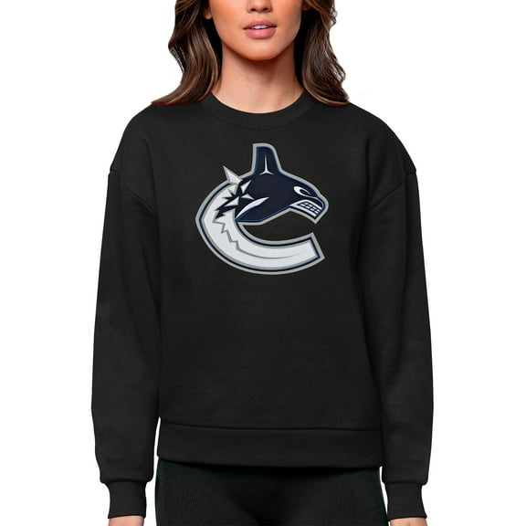 Women's Antigua Black Vancouver Canucks Primary Logo Team Logo Victory Crewneck Pullover Sweatshirt