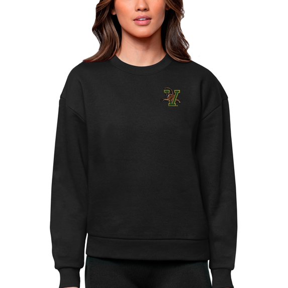 Women's Antigua Black Vermont Catamounts Logo Victory Crewneck Pullover Sweatshirt