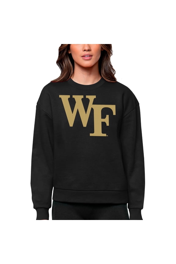 Women's Antigua Black Wake Forest Demon Deacons Victory Crewneck Pullover Sweatshirt