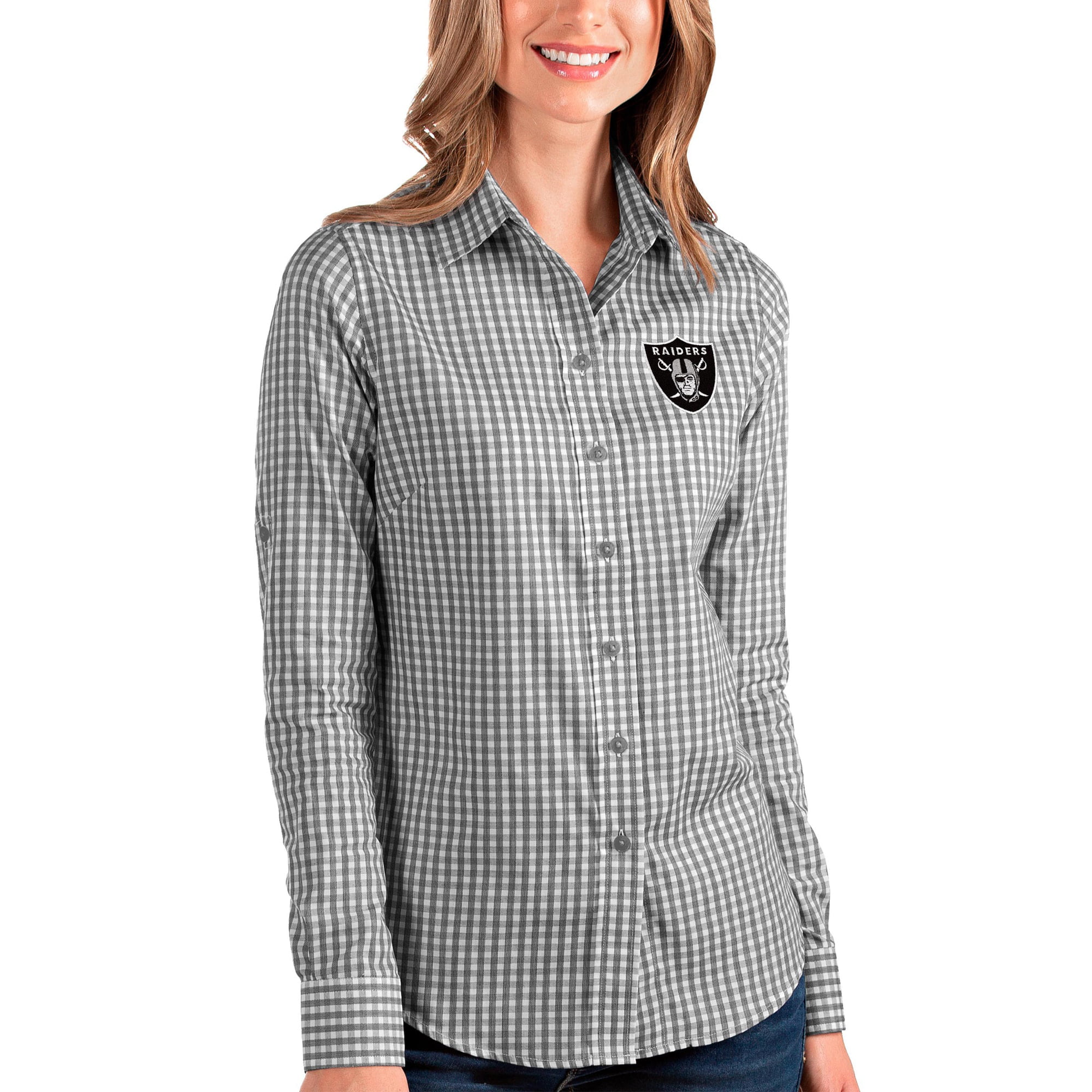 Women's Antigua Black/White Las Vegas Raiders Structure Long Sleeve Button-Up  Shirt 