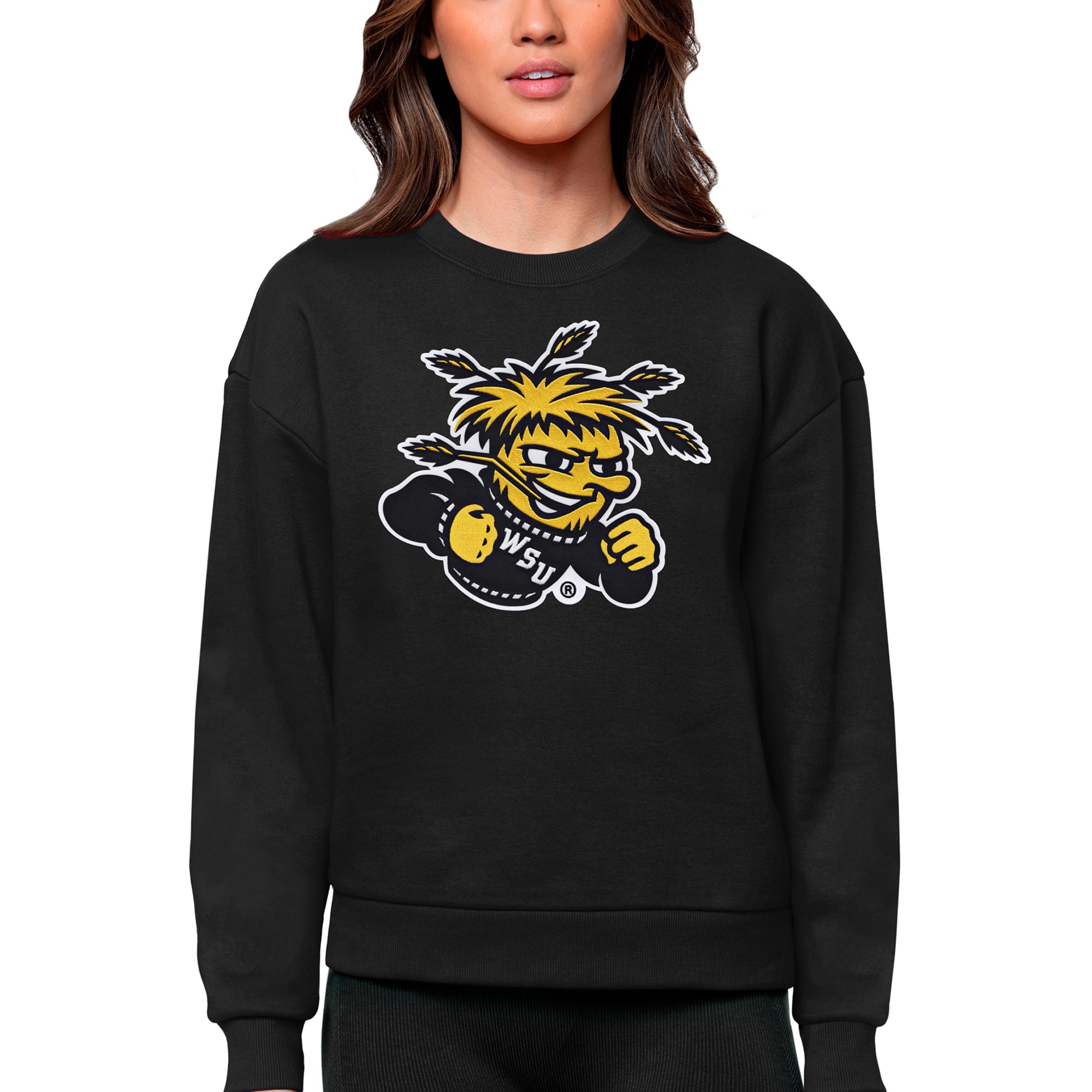 Women's Antigua Black Wichita State Shockers Victory Crewneck Pullover Sweatshirt