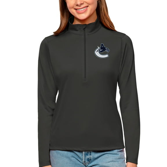 Women's Antigua Charcoal Vancouver Canucks Tribute Quarter-Zip Pullover Top