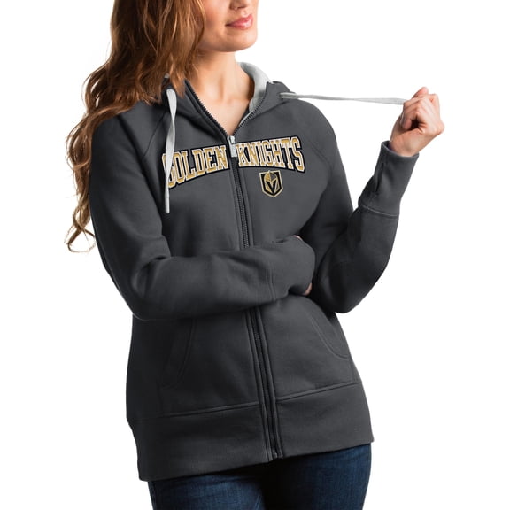 Women's Antigua Charcoal Vegas Golden Knights Wordmark Victory Full-Zip Hoodie