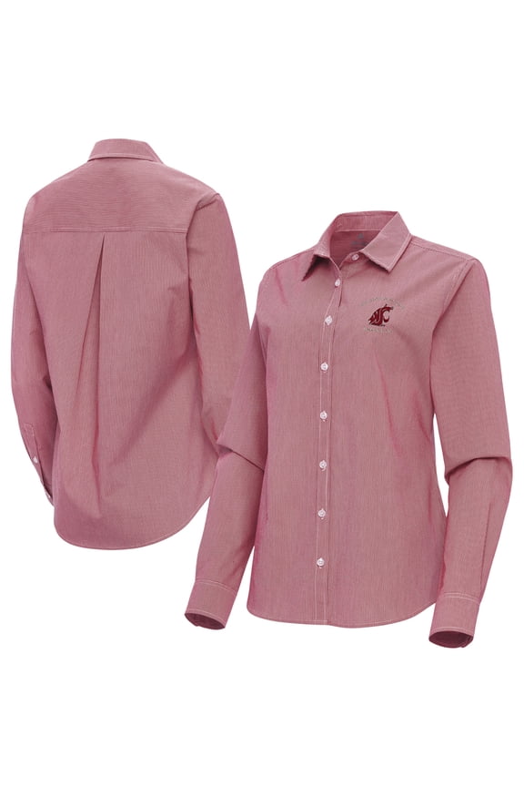Women's Antigua Crimson Washington State Cougars Porter Woven Tri-Blend Long Sleeve Button-Up Shirt