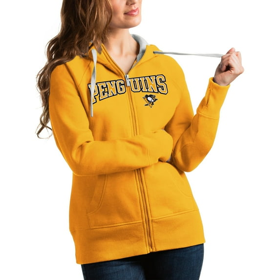 Women's Antigua Gold Pittsburgh Penguins Wordmark Victory Full-Zip Hoodie