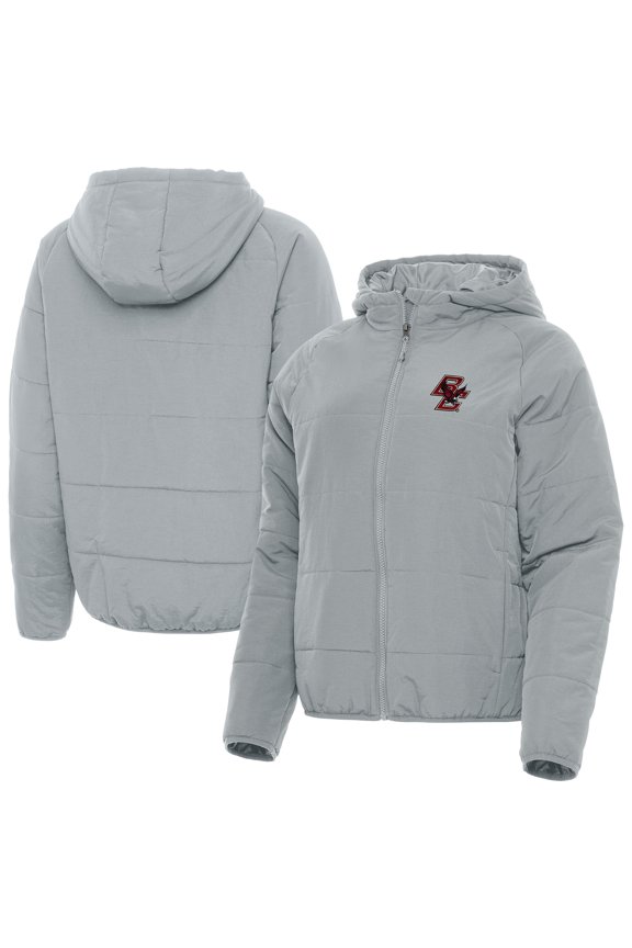 Women's Antigua Gray Boston College Eagles Universe Full-Zip Hooded Puffer Jacket