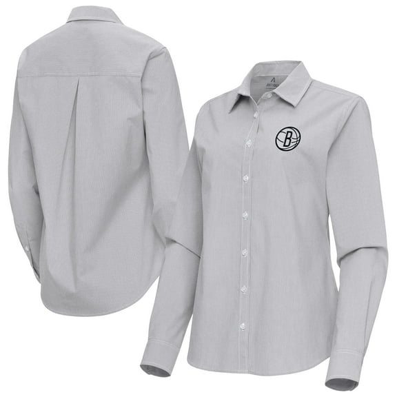Women's Antigua Gray Brooklyn Nets Porter Woven Long Sleeve Button-Up Shirt