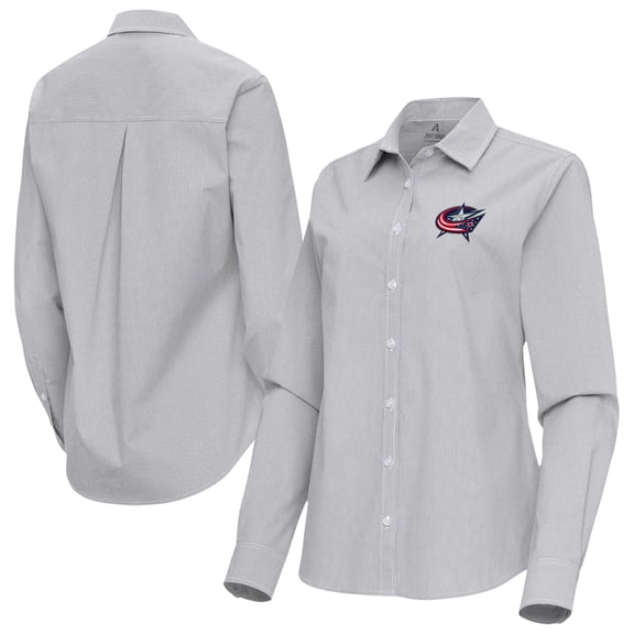 Women's Antigua Gray Columbus Blue Jackets Porter Woven Tri-Blend Long Sleeve Button-Up Shirt