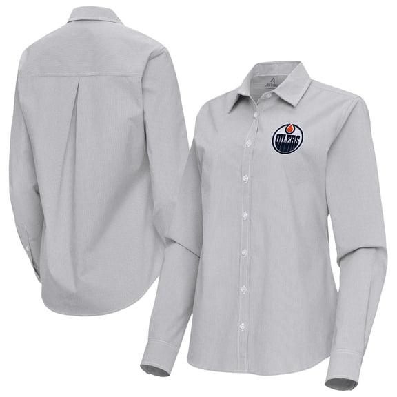 Women's Antigua Gray Edmonton Oilers Porter Woven Tri-Blend Long Sleeve Button-Up Shirt