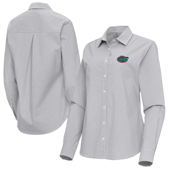 Women's Antigua Gray Florida Gators Porter Woven Tri-Blend Long Sleeve Button-Up Shirt