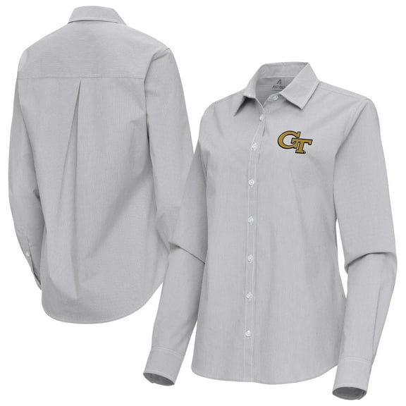 Women's Antigua Gray Georgia Tech Yellow Jackets Porter Woven Tri-Blend Long Sleeve Button-Up Shirt