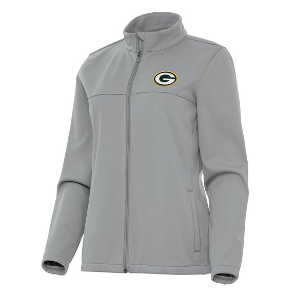 Women's Antigua Gray Green Bay Packers Links 2 Golf Full-Zip Jacket