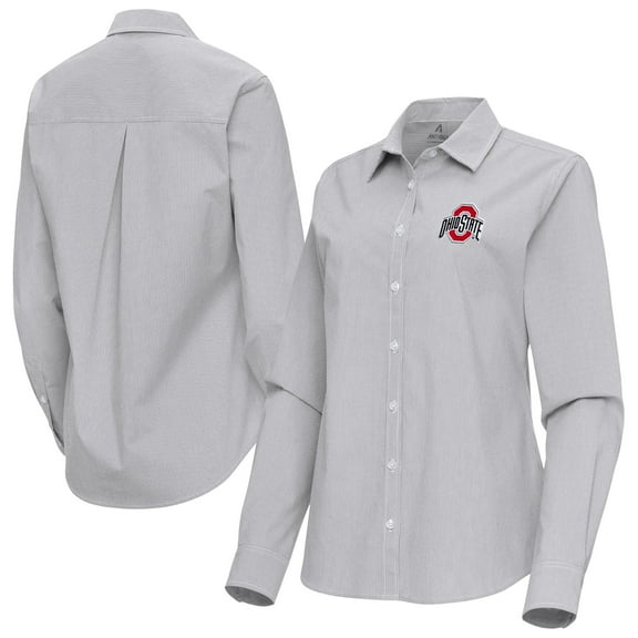 Women's Antigua Gray Ohio State Buckeyes Porter Woven Tri-Blend Long Sleeve Button-Up Shirt