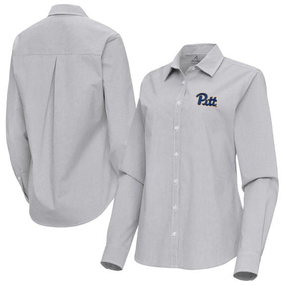 Women's Antigua Gray Pitt Panthers Porter Woven Tri-Blend Long Sleeve Button-Up Shirt