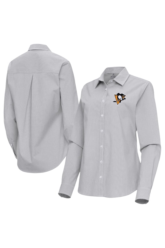 Women's Antigua Gray Pittsburgh Penguins Porter Woven Tri-Blend Long Sleeve Button-Up Shirt
