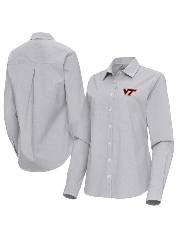Women's Antigua Gray Virginia Tech Hokies Porter Woven Tri-Blend Long Sleeve Button-Up Shirt