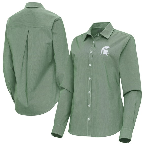 Women's Antigua Green Michigan State Spartans Porter Woven Tri-Blend Long Sleeve Button-Up Shirt