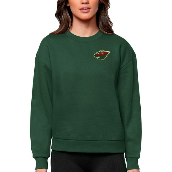 Women's Antigua Green Minnesota Wild Primary Logo Victory Crewneck Pullover Sweatshirt