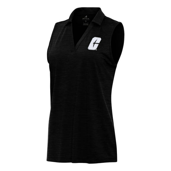 Women's Antigua Heather Black Charlotte 49ers Layout Sleeveless V-Neck Polo