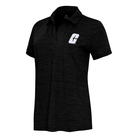 Women's Antigua Heather Black Charlotte 49ers Layout V-Neck Polo
