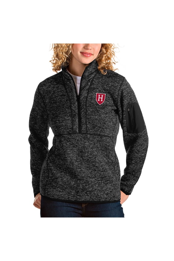 Women's Antigua Heather Black Harvard Crimson Fortune Half-Zip Pullover Jacket