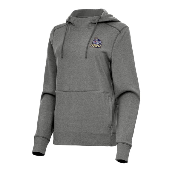 Women's Antigua Heather Black James Madison Dukes Justice Pullover Hoodie