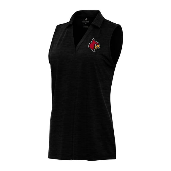 Women's Antigua Heather Black Louisville Cardinals Layout Sleeveless V-Neck Polo
