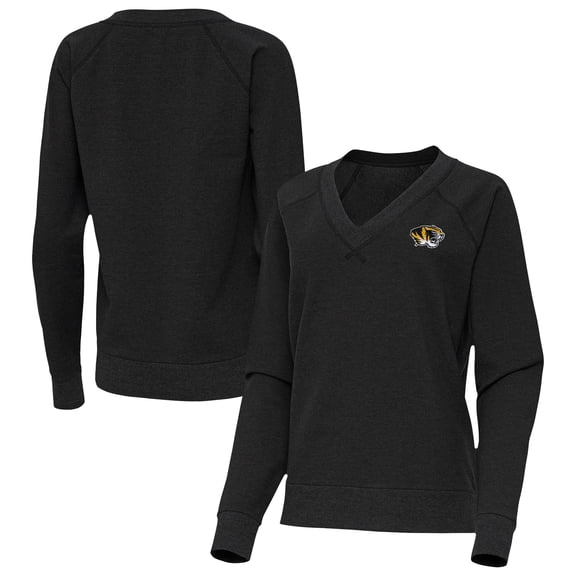 Women's Antigua Heather Black Missouri Tigers Varsity V-Neck Tri-Blend Pullover Sweatshirt