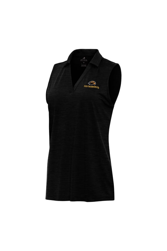 Women's Antigua Heather Black Southern Miss Golden Eagles Layout Sleeveless V-Neck Polo