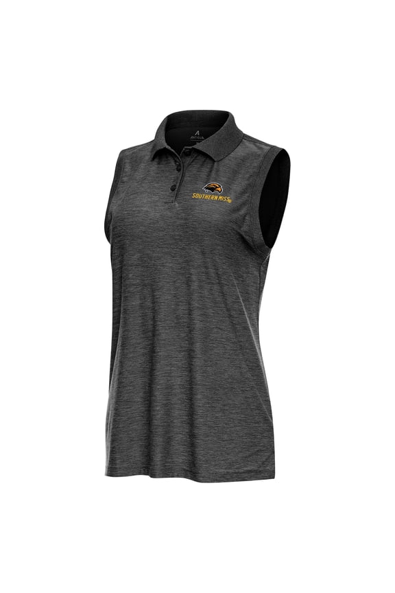 Women's Antigua Heather Black Southern Miss Golden Eagles Recap Sleeveless Polo