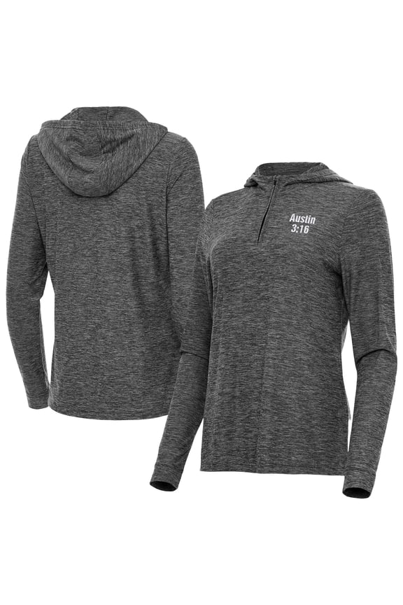 Women's Antigua Heather Black "Stone Cold" Steve Austin Daybreak Quarter-Zip Hoodie
