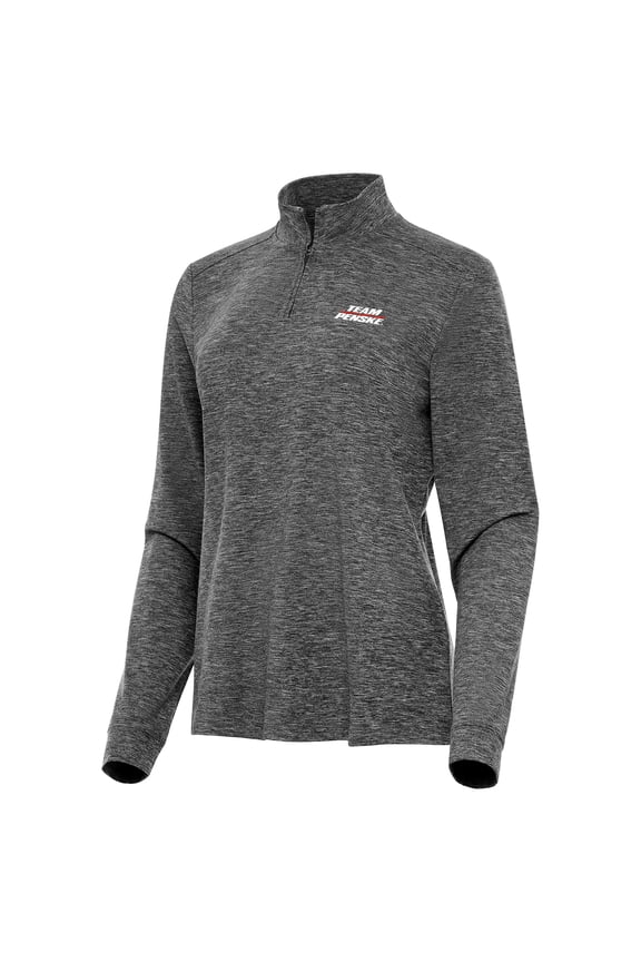 Women's Antigua Heather Black Team Penske Mentor Long Sleeve Quarter-Zip Mock Polo