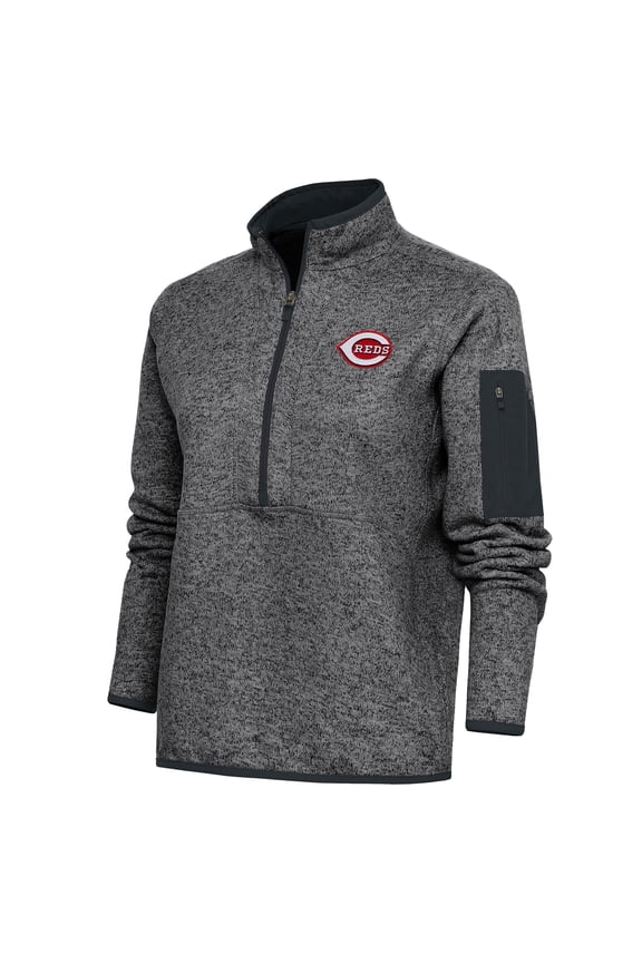 Women's Antigua Heather Charcoal Cincinnati Reds Logo Fortune Quarter-Zip Pullover Jacket