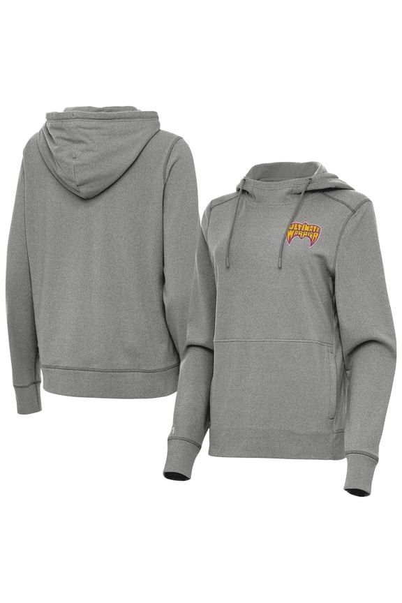 Women's Antigua Heather Charcoal The Ultimate Warrior Justice Pullover Hoodie