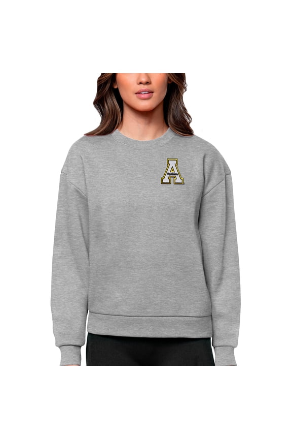 Women's Antigua Heather Gray Appalachian State Mountaineers Logo Victory Crewneck Pullover Sweatshirt