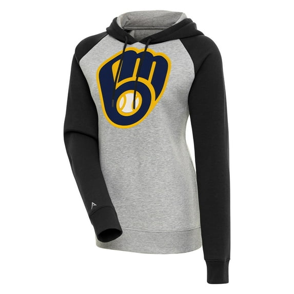 Women's Antigua Heather Gray/Black Milwaukee Brewers Victory Raglan Sleeve Pullover Hoodie