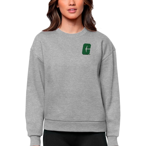 Women's Antigua Heather Gray Charlotte 49ers Logo Victory Crewneck Pullover Sweatshirt